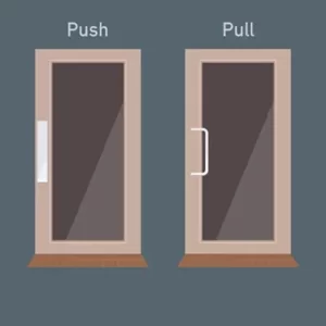 A picture of two doors, on the left is a door with the word 'push written above'. On the door is a flat square where the handle should be. On the right is a door under the word 'Pull'. This door has a handle. 